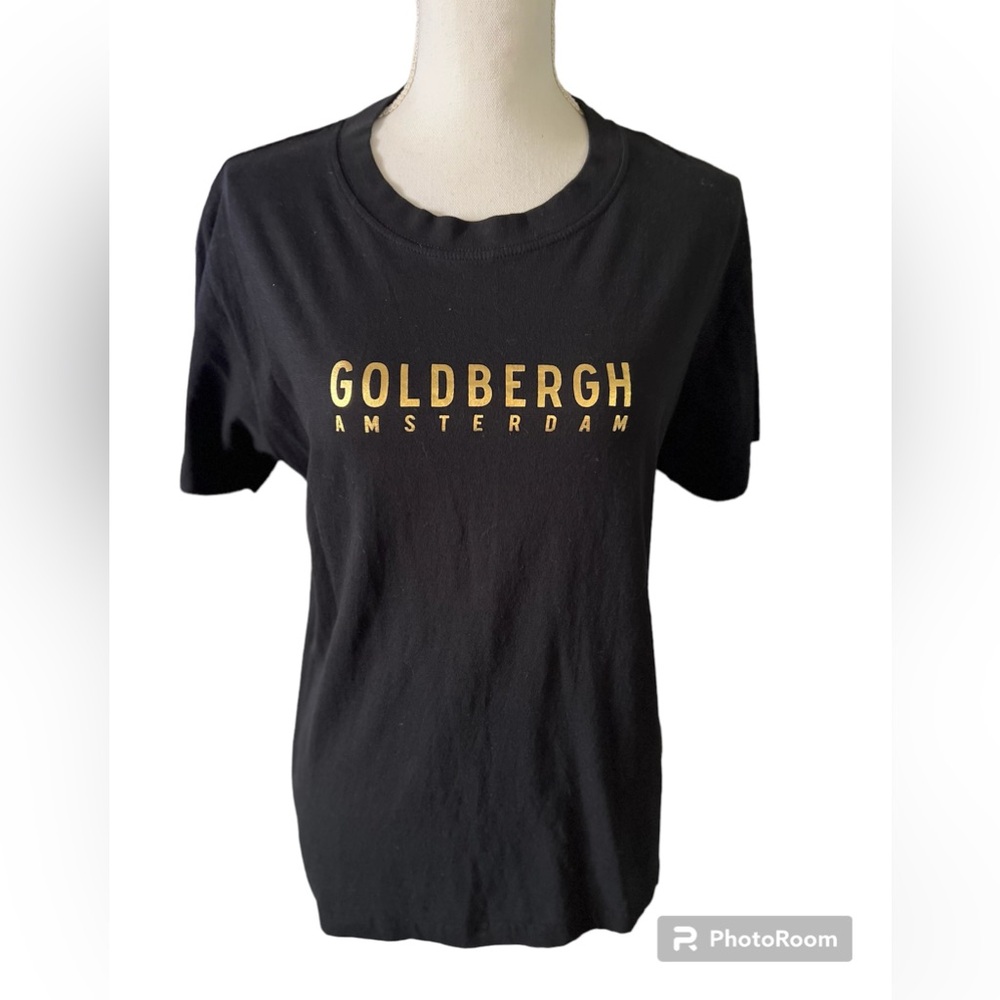 Goldbergh Amsterdam Womens Black Gold Metallic Spellout T-Shirt Size S/M